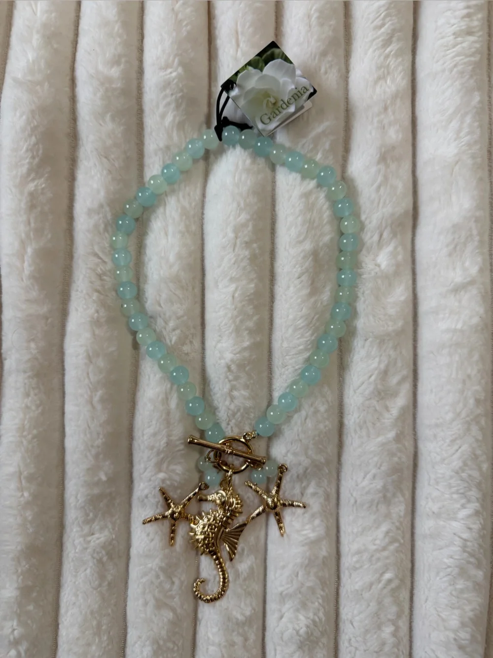 Gardenia High quality crystals /Gold Seahorse Pendant Beaded Necklace - Seafoam - Picture 1 of 5